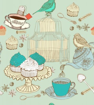 Bild Muster mit Vögel und Dessert