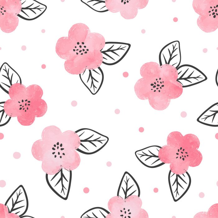 Bild Nahtlose Muster mit Aquarell rosa Blüten und schwarzen Blättern.