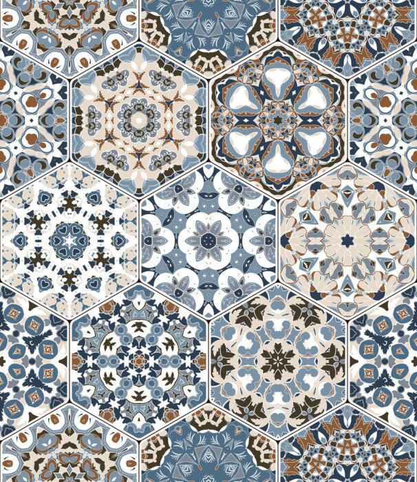 Bild Nahtlose sechseckige Mosaikfliesen im Vektorsatz. Orientalische und ethnische Motive in Designmustern.