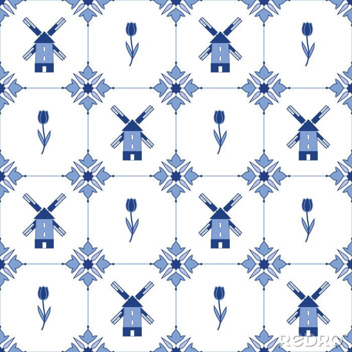 Bild Nahtlose Vektor Delfter Muster mit Tulpen und Mühlen