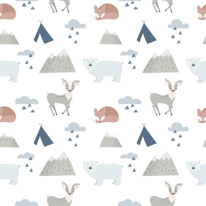 Bild Nahtlose Wald Tiere Hintergrund mit süßen Hirsche, Bär und Fuchs. Cartoon-Stil.