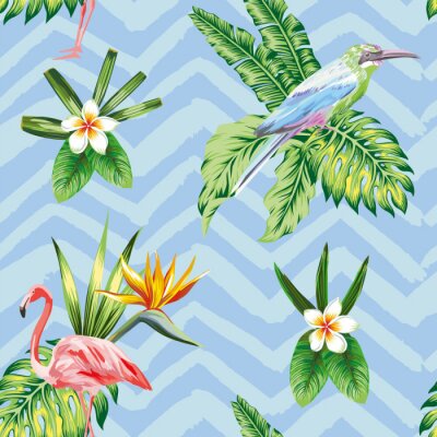 Nahtlose Zusammensetzung der tropischen Vogel Blumen und Pflanzen blau Zickzack Hintergrund
