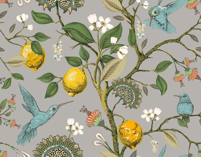 Bild Nahtloses Muster des Blumenvektors. Botanische Tapete. Pflanzen, Vögel Blumen Hintergrund. Gezeichnete Natur Vintage Tapete. Zitronen, Blumen, Kolibris, blühender Garten. Design für Stoff, Textil, Pap