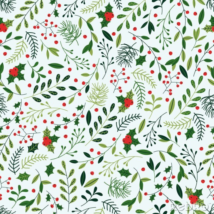 Bild Nahtloses Weihnachtsmuster mit Mistelzweig, Fichtenzweigen, grünen Blättern und Beeren.