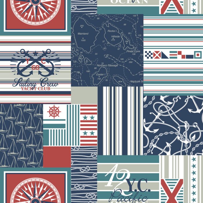 Bild Nautical and sailing elements patchwork vector seamless pattern wallpaper
