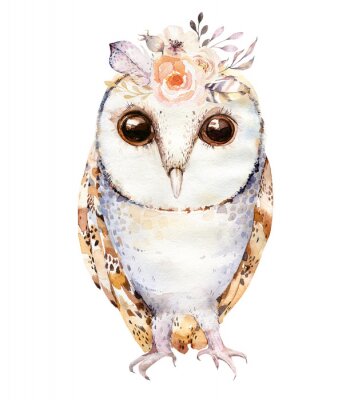 Bild Niedliche Eule mit Blumen im Boho-Stil