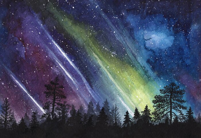 Bild Night starry sky with aurora and forest silhouette - watercolor horizontally seamless illustration