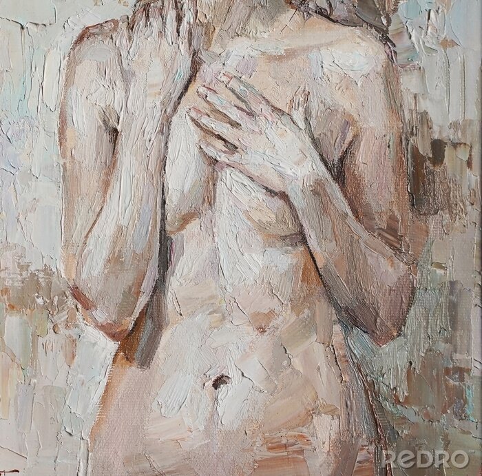 Bild Nude attractive young woman, created in details and color nuances. Colors: white, gray, brown. Oil painting on canvas.