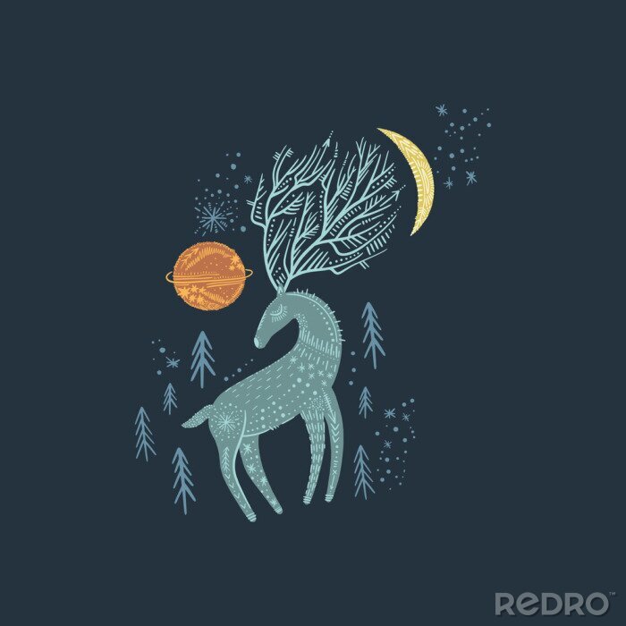 Bild Nursery poster with ornate animal, deer wall art with night space elements. Forest inhabitant