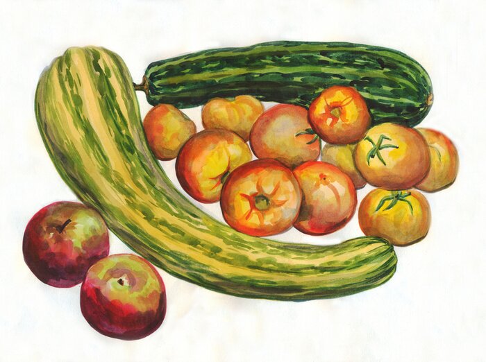 Bild Obst und Gemüse in Aquarellfarben gemalt