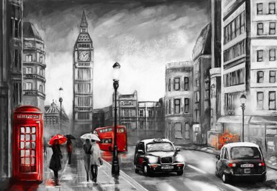 Bild Ölgemälde auf Leinwand, Blick auf die Straße von London. Kunstwerk. Big Ben. Paar und roter Regenschirm, Bus und Straße, Telefon. Schwarzes Auto - Taxi. England