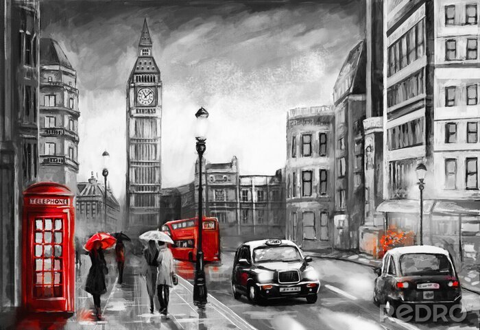 Bild Ölgemälde auf Leinwand, Blick auf die Straße von London. Kunstwerk. Big Ben. Paar und roter Regenschirm, Bus und Straße, Telefon. Schwarzes Auto - Taxi. England