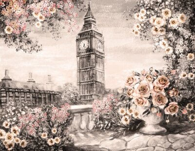 Ölgemälde, Sommer in London. Sanfte Stadtlandschaft. Blume Rose und Blatt. Blick von oben Balkon. Big Ben, England, Hintergrundbilder. Aquarell moderne Kunst. Sepia