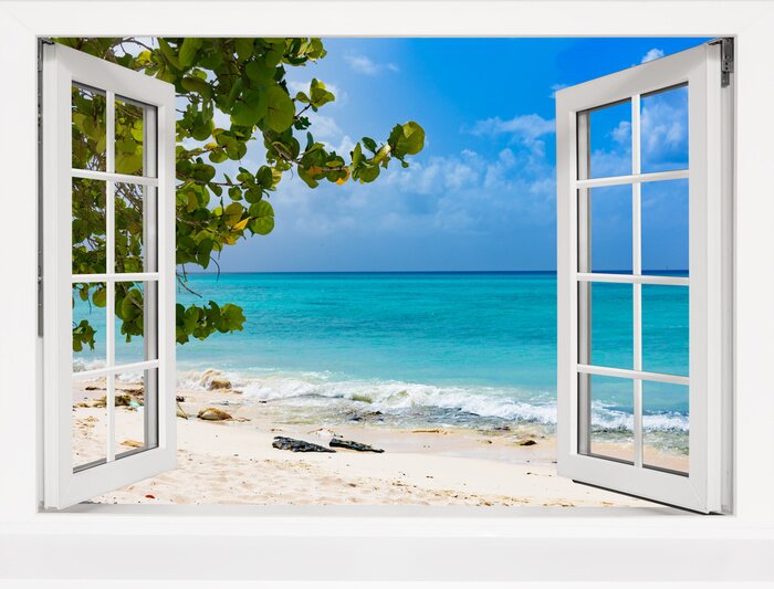 Bild Offenes Fenster mit Blick auf einen paradiesischen Strand