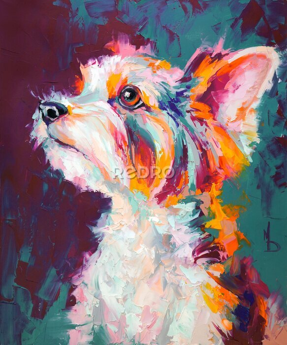 Bild Oil dog portrait painting in multicolored tones. Conceptual abstract painting of a biewer terrier muzzle. Closeup of a painting by oil and palette knife on canvas.