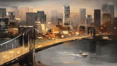 Bild oil painting on canvas - view of New York, river and bridge. modern abstract Artwork, Painting American city, urban illustration