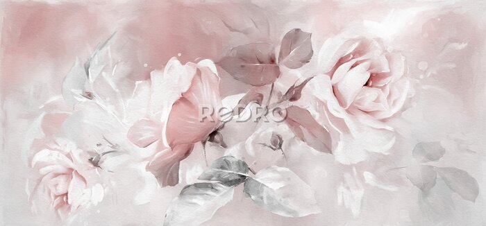 Bild Oil painting with flower rose, leaves. Botanic print background on canvas -  triptych In Interior, art.