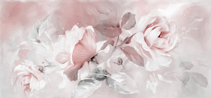 Bild Oil painting with flower rose, leaves. Botanic print background on canvas -  triptych In Interior, art.