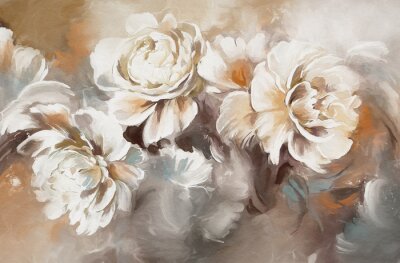 Bild Oil painting with flower rose, peonies, gold leaves. Botanic print background on canvas -  floral triptych In Interior, art.