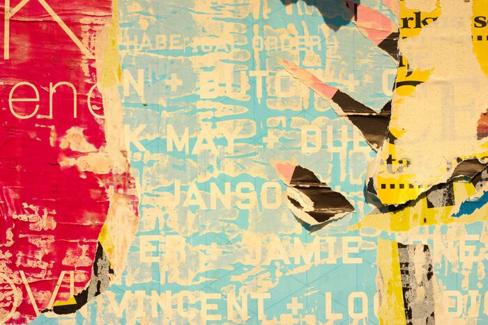 Bild Old grunge ripped torn vintage collage colorful street posters creased crumpled paper surface placard texture background backdrop 