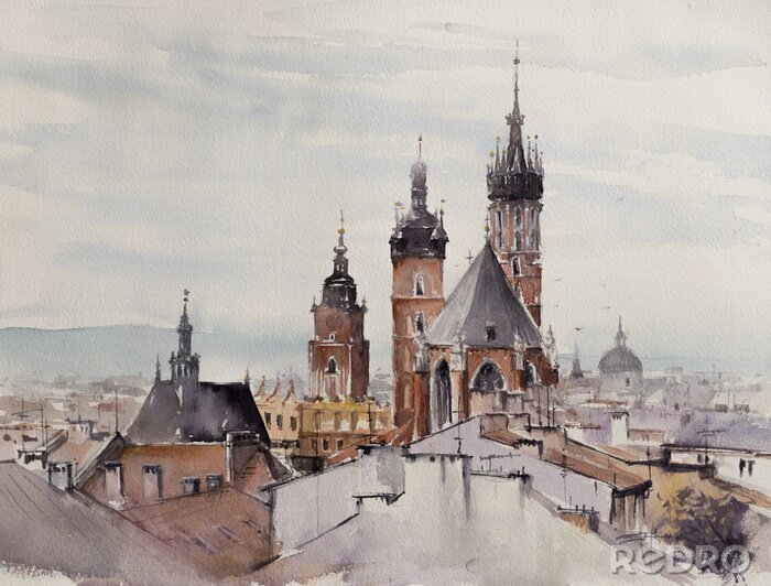 Bild Old town, Kracow, Poland with Miariacki Church in background.Picture created with watercolors.