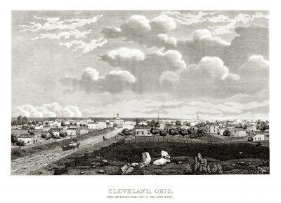 Bild Old view of Cleveland, Ohio, from Buffalo Road to horizon. Highly detailed vintage style gray tone illustration by unidentified author, U.S., 1834