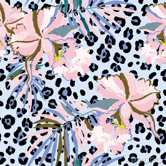 Bild Orchideen und bunte Palmenblätter