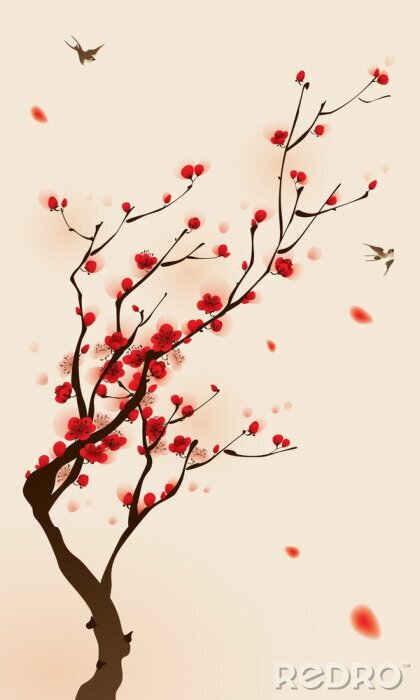 Bild orientalischen Stil Malerei, Pflaume Blüte im Frühjahr