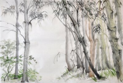 Bild Original-Aquarell von Bambus-Wald auf Reispapier.