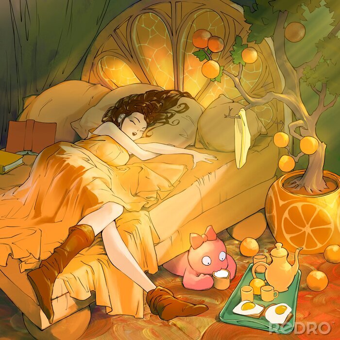 Bild Original cartoon anime illustration of a funny cute girl sleeping in her cozy bed in the morning