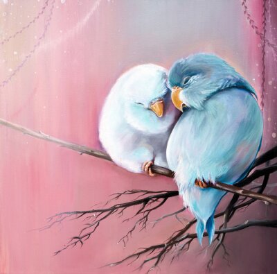 Bild Original oil painting on canvas of two parrot lovebird is sitting on branch close each other