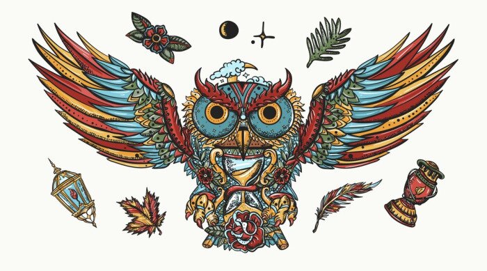 Bild Owl portrait. Old school tattoo collection. Fairy tale elements.