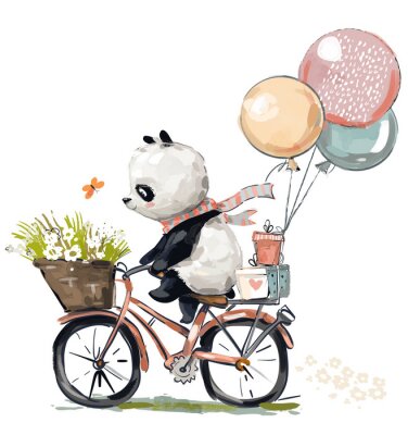 Panda auf einem Fahrrad mit einem Korb und Luftballons