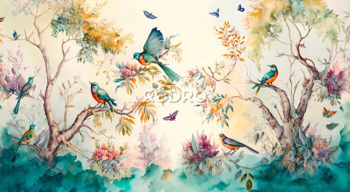 Bild Paradiesgarten mit bunten Vögeln