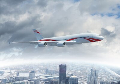 Bild Passagierflugzeug über einer Stadt fliegend