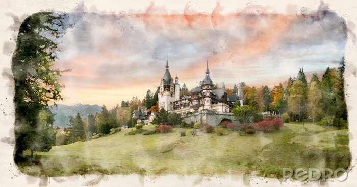 Bild Peles Castle in Sinaia, Romania in watercolor style illustration. Landmark of Carpathian Mountains in Europe