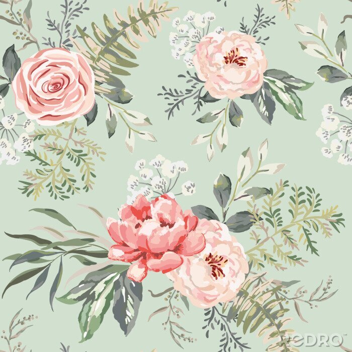 Bild Pfingstrosen Rosen und Farne Aquarellmalerei