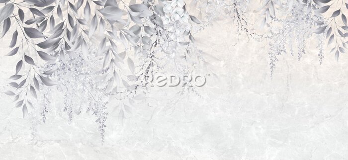 Bild Pflanzenblätter und Blumen auf Baumzweigen mit marmoriertem Hintergrund