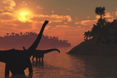 Bild Pflanzenfressende Dinosaurier im Fluss bei Sonnenuntergang