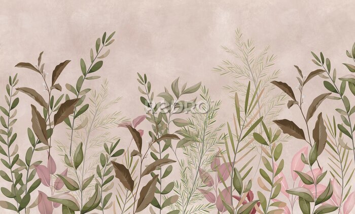 Bild Photo wallpapers for walls. Beautiful leaves on a beige background. A mural for a room. Painted grass.