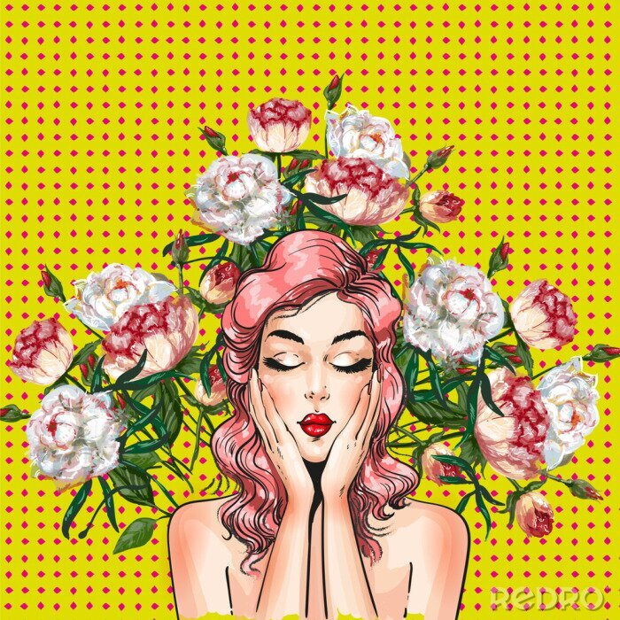 Bild Pin-up Girl mit Pfingstrosenblüten