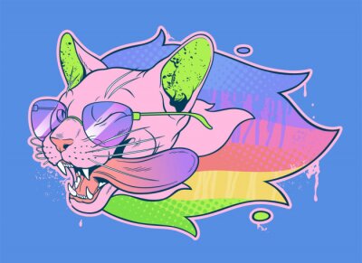Bild Pink cat head with glasses and rainbow. Can be use as T shirt print. Vector illustration.