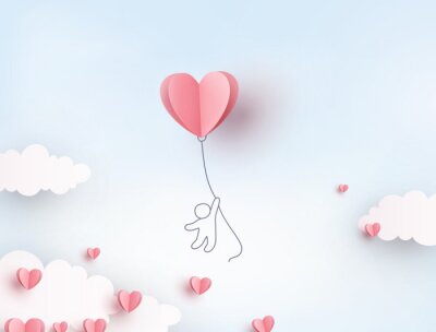 Bild Pink heart flying balloon with man on blue sky background. Vector love postcard for Happy Mother's, Valentine's Day or birthday greeting card design..