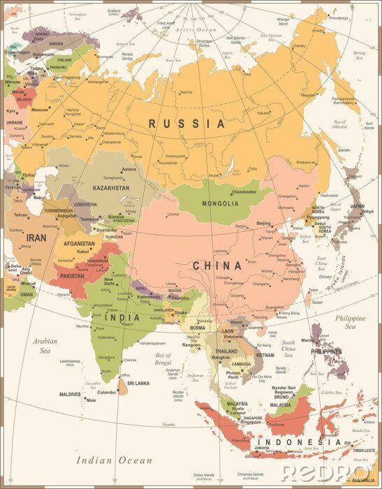 Bild Politische Karte von Asien in warmen Farben