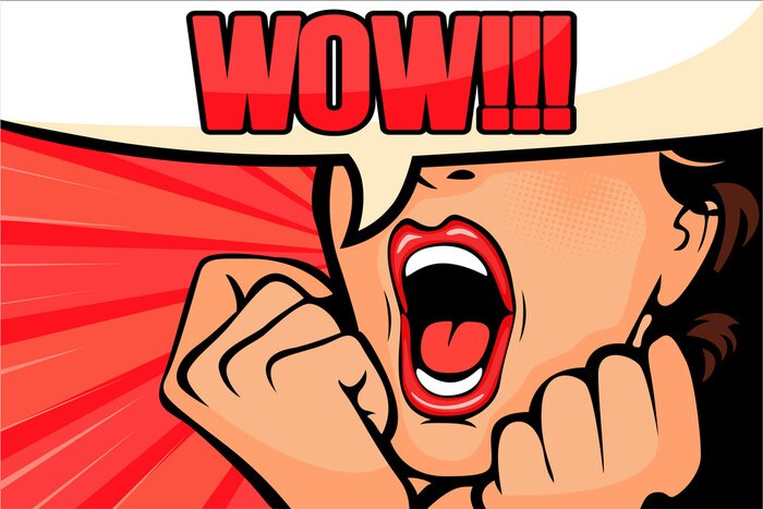 Bild Pop art surprised brunette woman face with open mouth. Comic woman with speech bubble illustration.