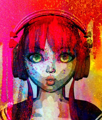 Bild Portrait of happy anime girl with headphone,3d rendering,pop art style