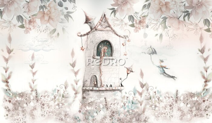 Bild Princess in the tower with floral background. Wallpaper for kids. Mural, art backgronud. 