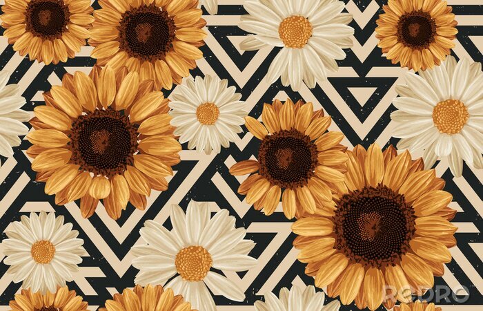 Bild Printable seamless vintage autumn repeat pattern background with daisies and sunflowers. Botanical wallpaper, raster illustration in super High resolution.