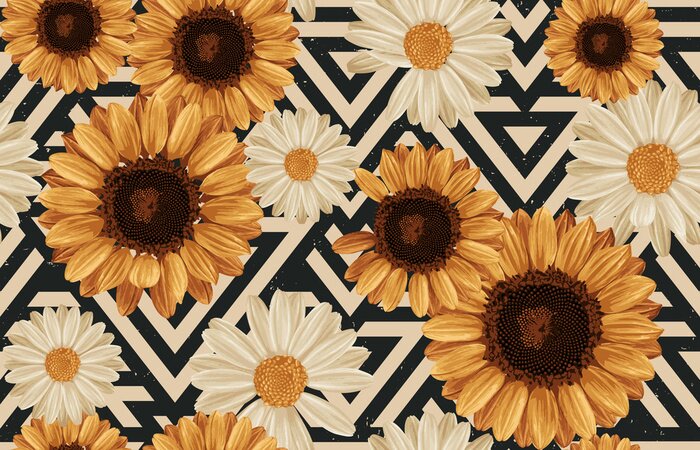 Bild Printable seamless vintage autumn repeat pattern background with daisies and sunflowers. Botanical wallpaper, raster illustration in super High resolution.