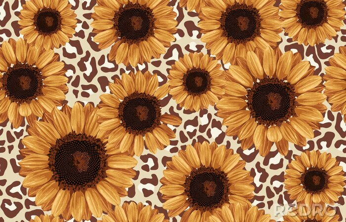 Bild Printable seamless vintage autumn repeat pattern background with sunflowers. Botanical wallpaper, raster illustration in super High resolution.
